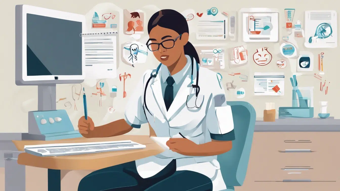 a woman in a white coat and glasses sitting at a desk